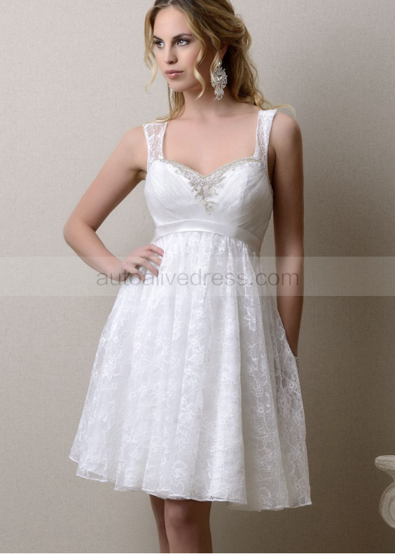 Thin Straps white Beaded Lace Cross Back Knee Length Prom Dress